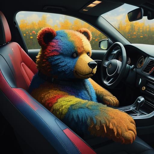 Teddy Bear in Car with Flowers: Oil Painting