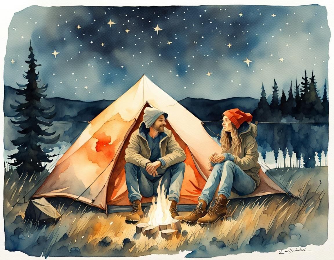 Couple Camping Under Stars in Watercolor Style