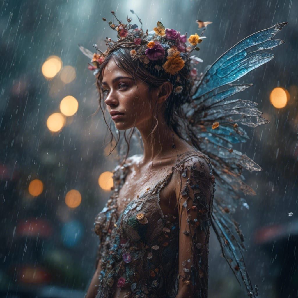 Hyperrealistic Fairy in Light Rain with Wings