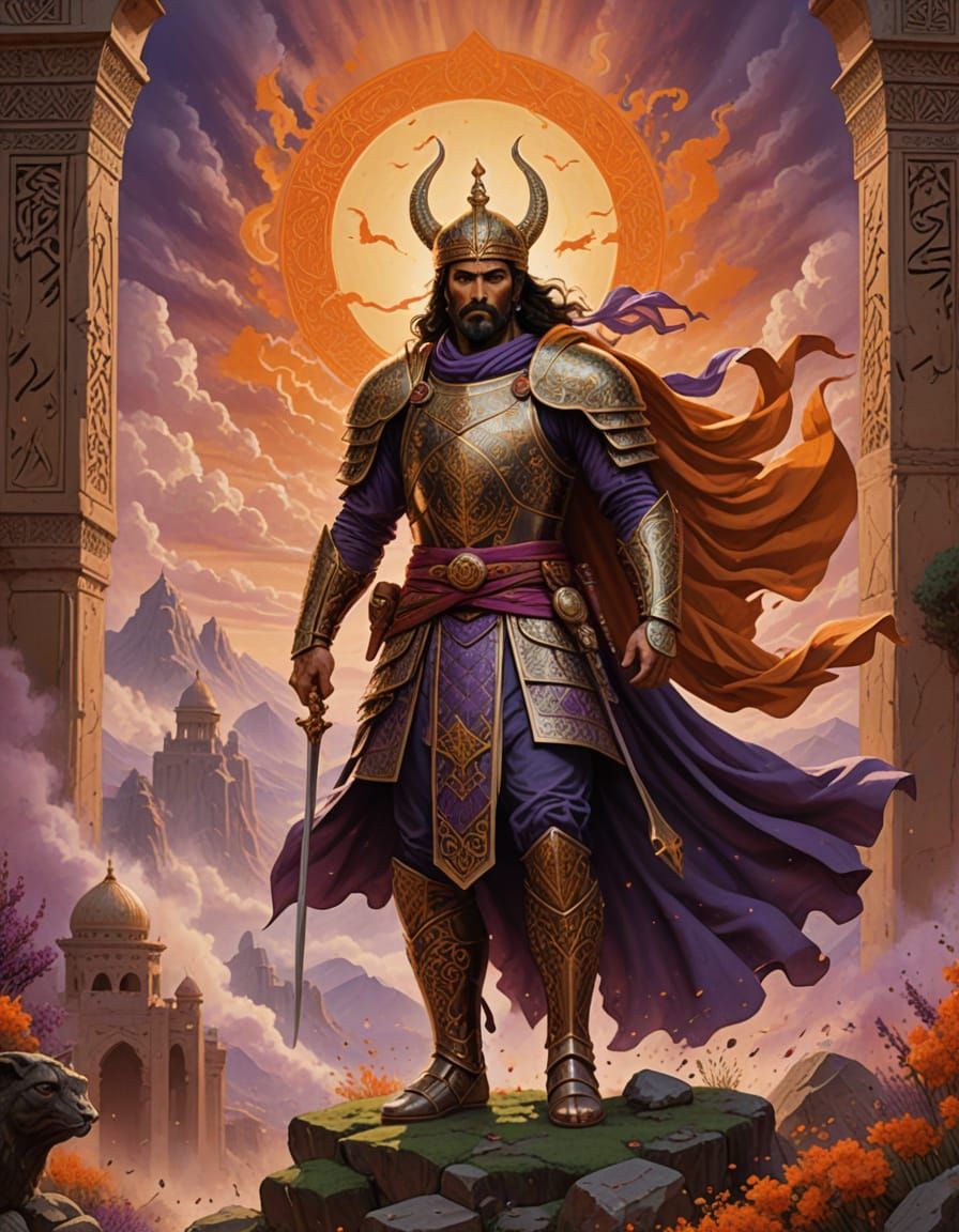 Epic Persian Warrior in Golden Armor Stands Amidst Ancient R...