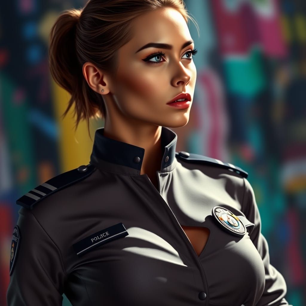 Sleek Police Officer in Hyperrealistic Cityscape
