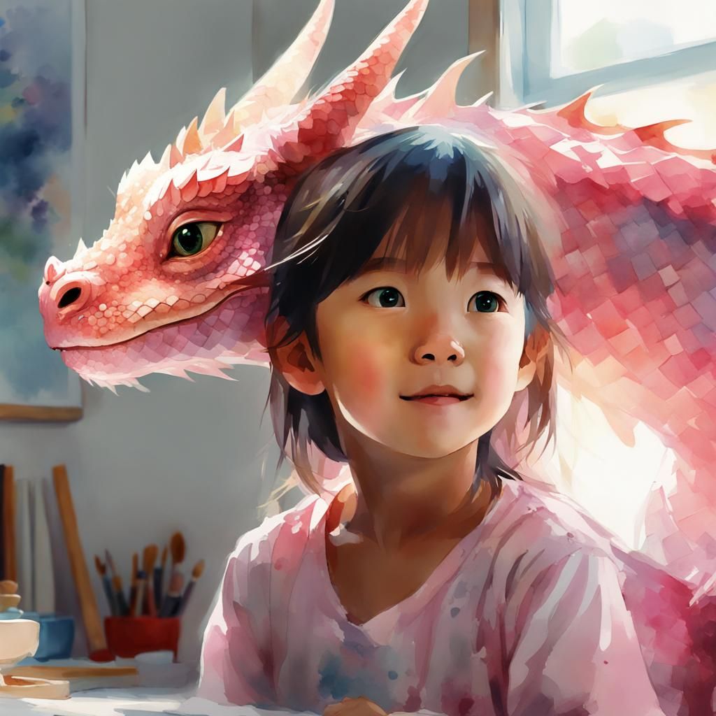 Toddler Girl and Pink Dragon Pet in Anime Style