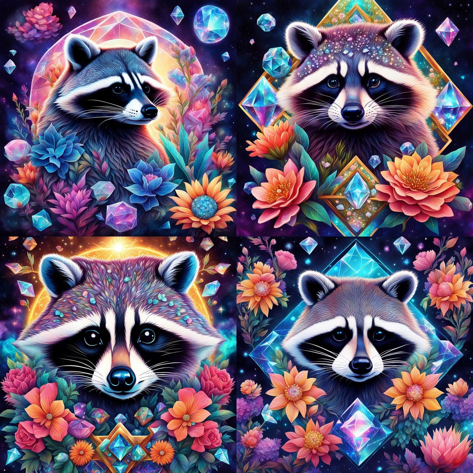 Cosmic Raccoon with Diamonds and Crystals