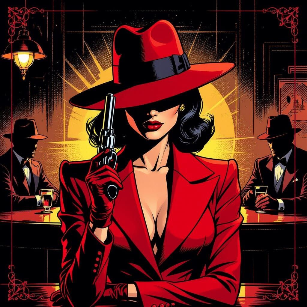 Mysterious Woman in Red Suit: Comic Book Art Deco Portrait
