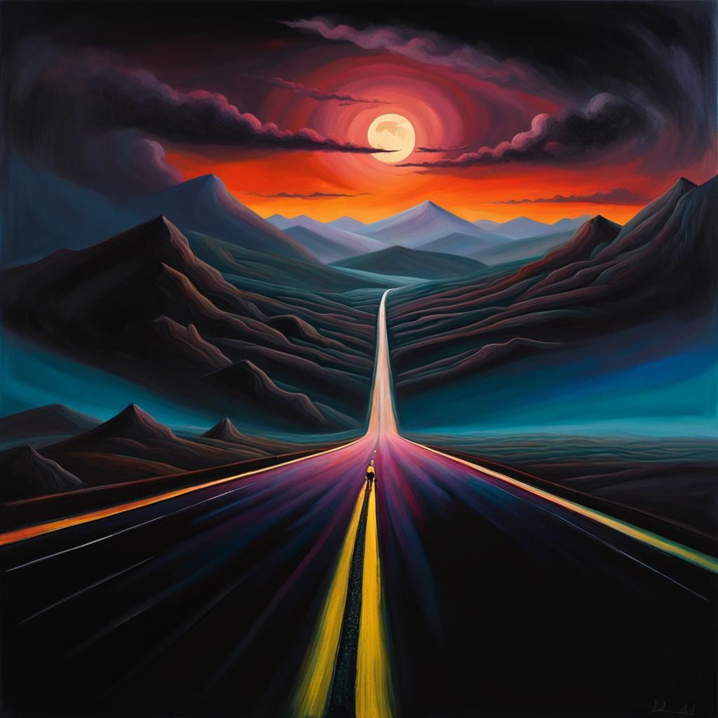 Surreal Highway Under Black Moon in Oil Painting