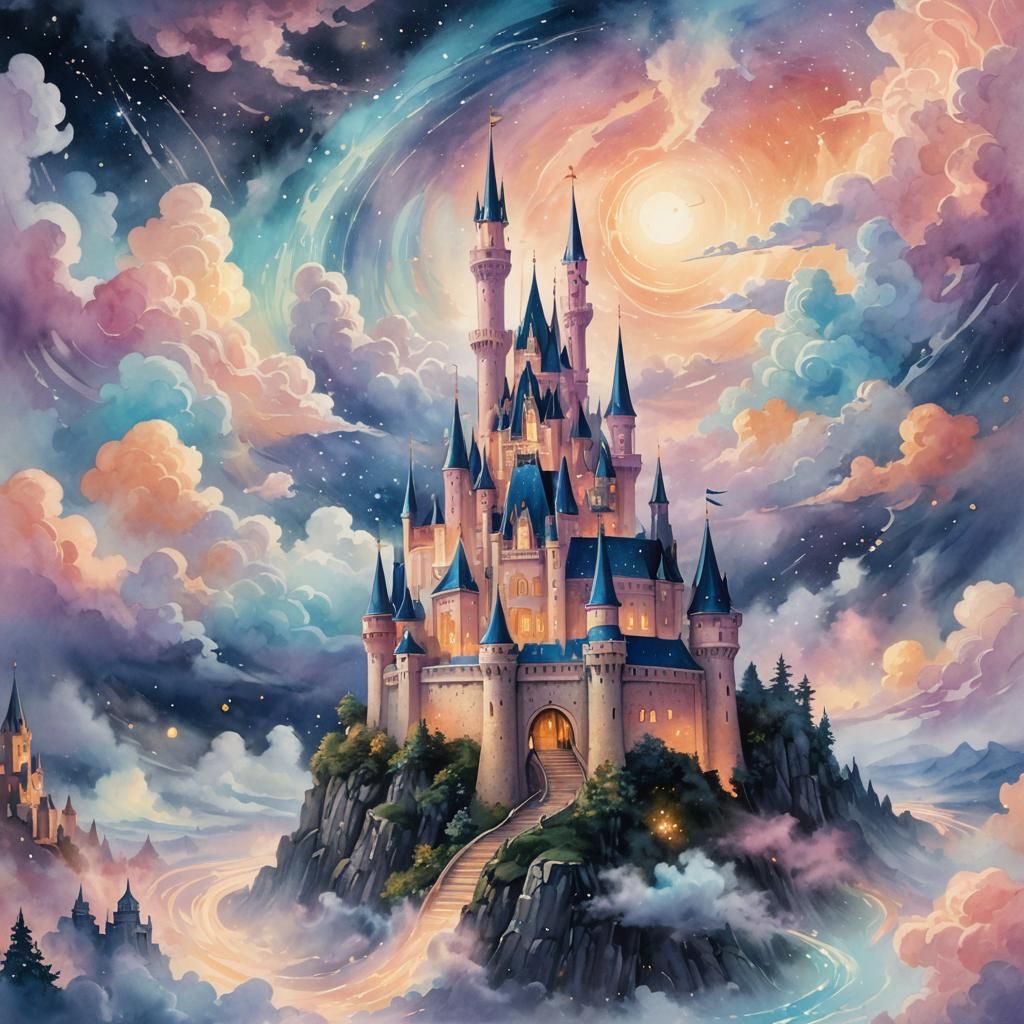 Ethereal Fantasy Castle Floating in Stardust Vortex