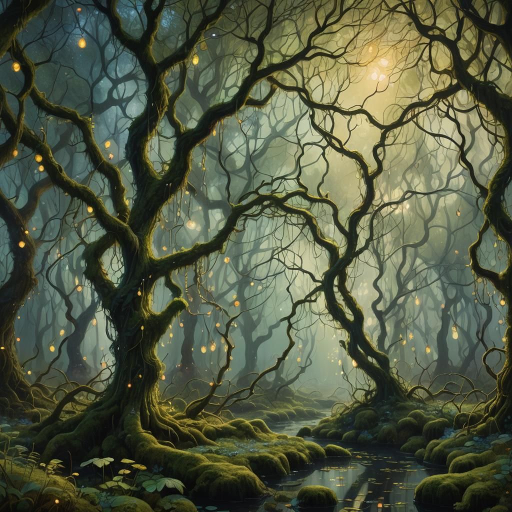 Mystical Forest Shimmers at Dusk in Impressionist Style