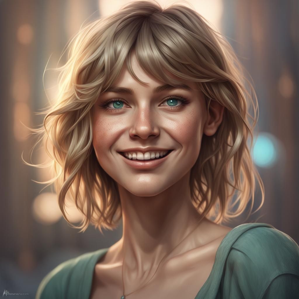 Detailed Portrait of Smiling Freckled Girl