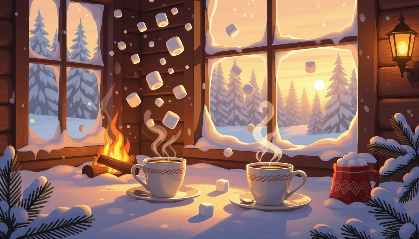 Mystical Winter Cafe with Floating Marshmallows