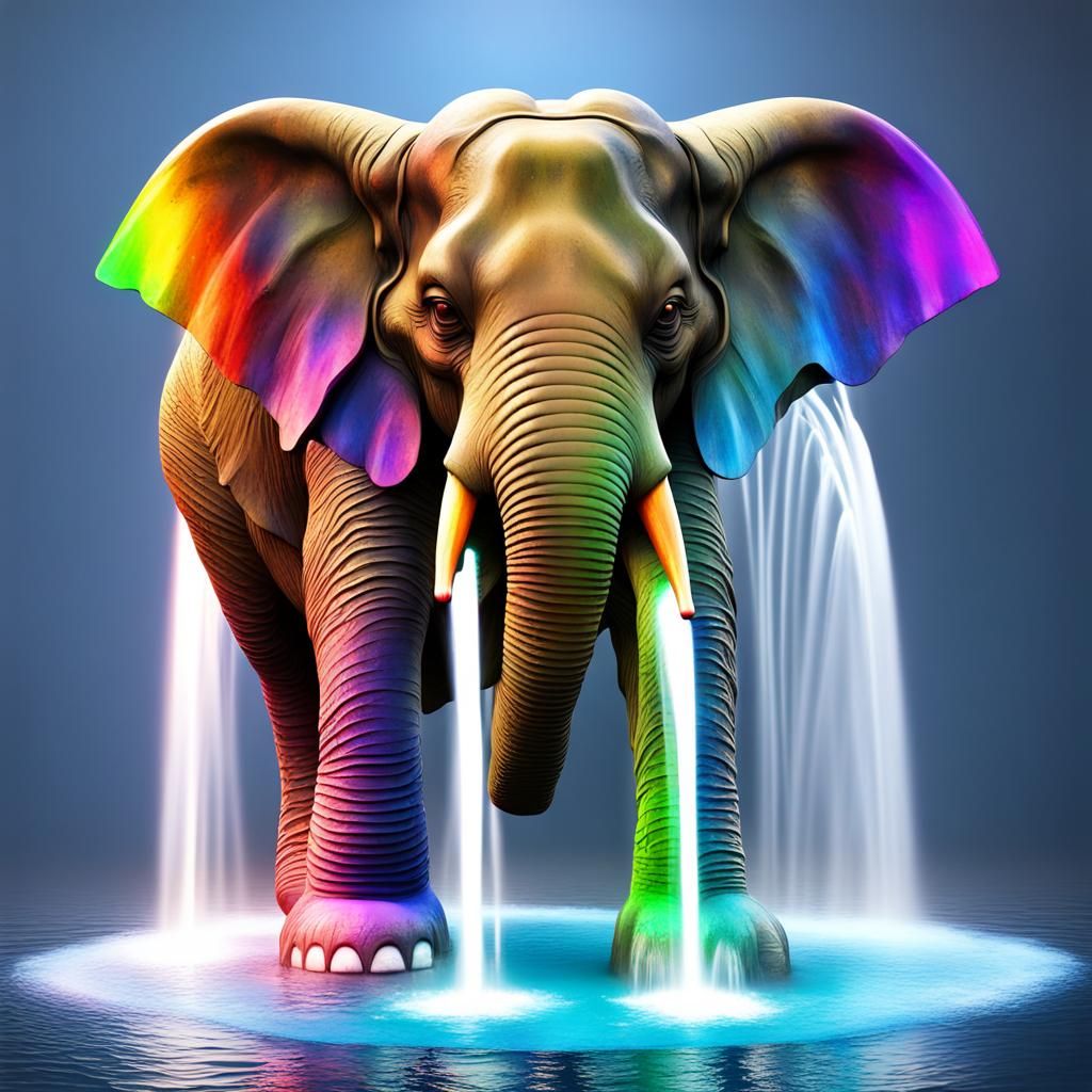 Elephant Statue Fountain with Rainbow Lights