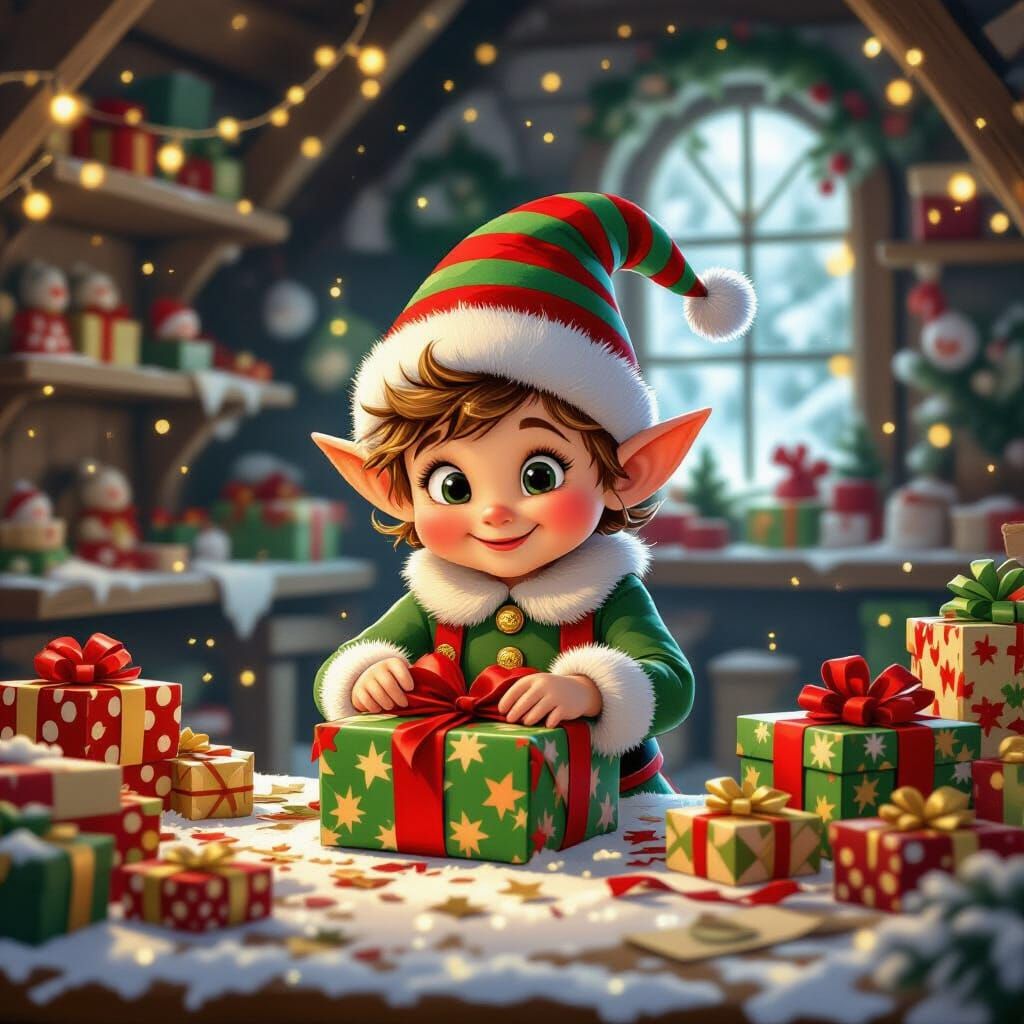 Cute Christmas Elf Wrapping Gifts in Magical Toy Workshop