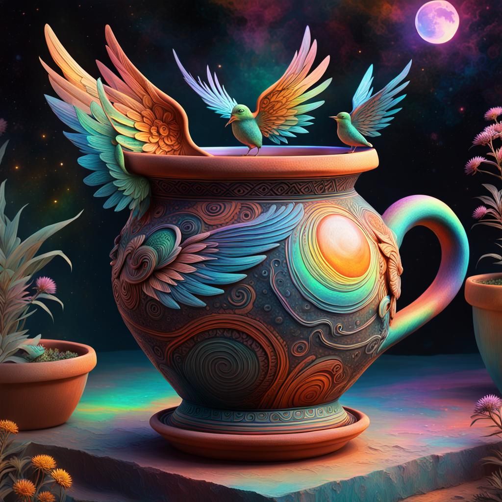 Dreamscape with Winged Clay Pot, by Pablo Amaringo