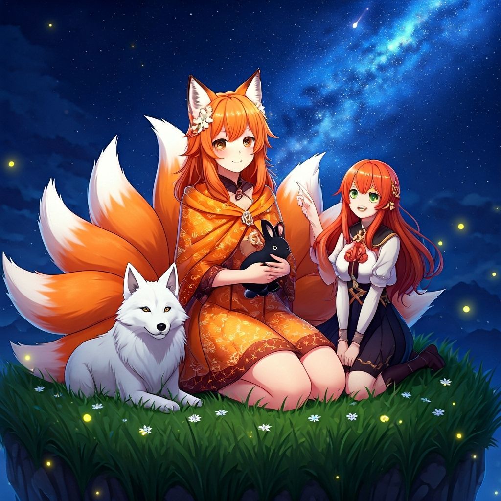 Anime Fox Girl and Wolf Under Starry Sky