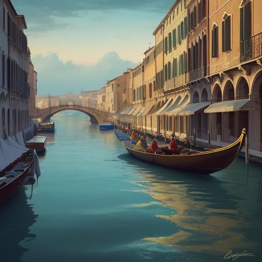 Golden Dawn Over Sunny Harbor with Gondolas