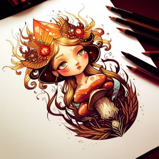 Mushroom Princess with Golden Outlines, Digital Painting