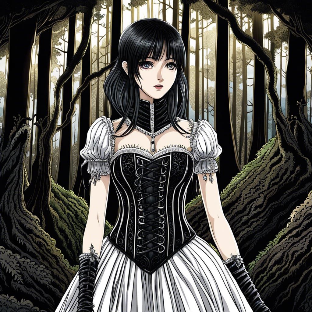 Gothic Woman in Forest, Anime Manga Style