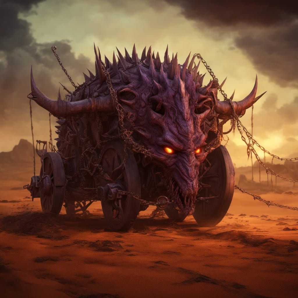 demonic iron wagon with spikes chains, hellish, monster face, four wheels, in An arena