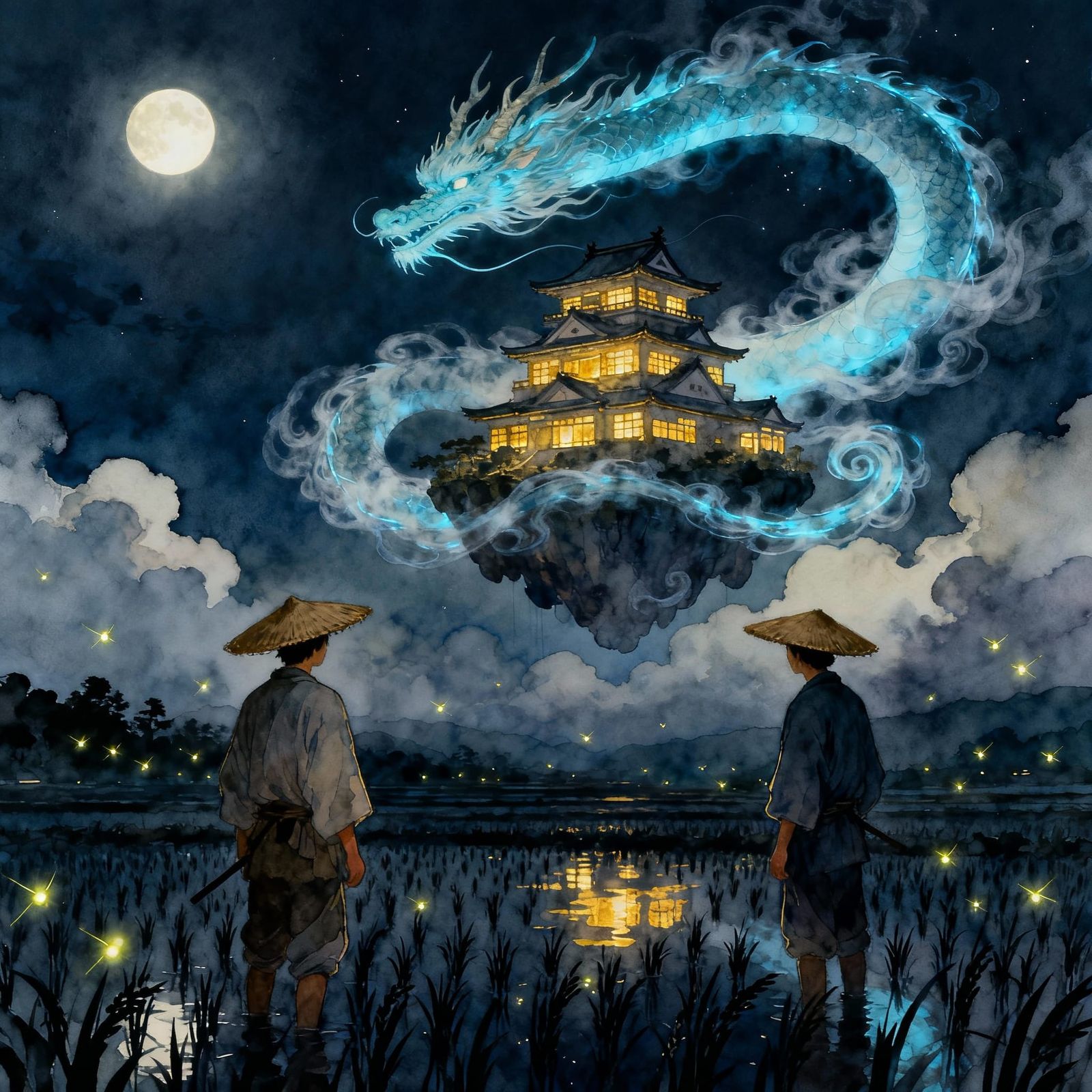 Japanese Peasants Gaze at Moonlit Sky Castle with Dragon