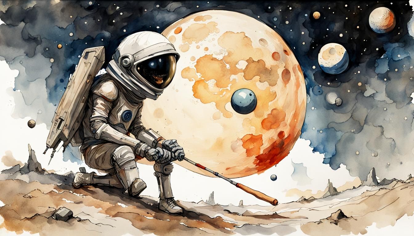 Alien Baseball Player on the Moon, Watercolor Style