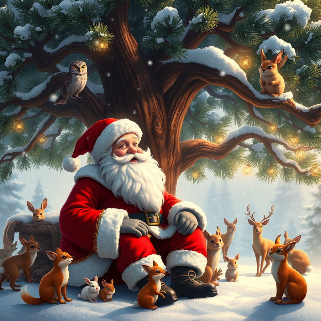 Festive Santa Claus in Snowy Forest, Disney-inspired Matte P...