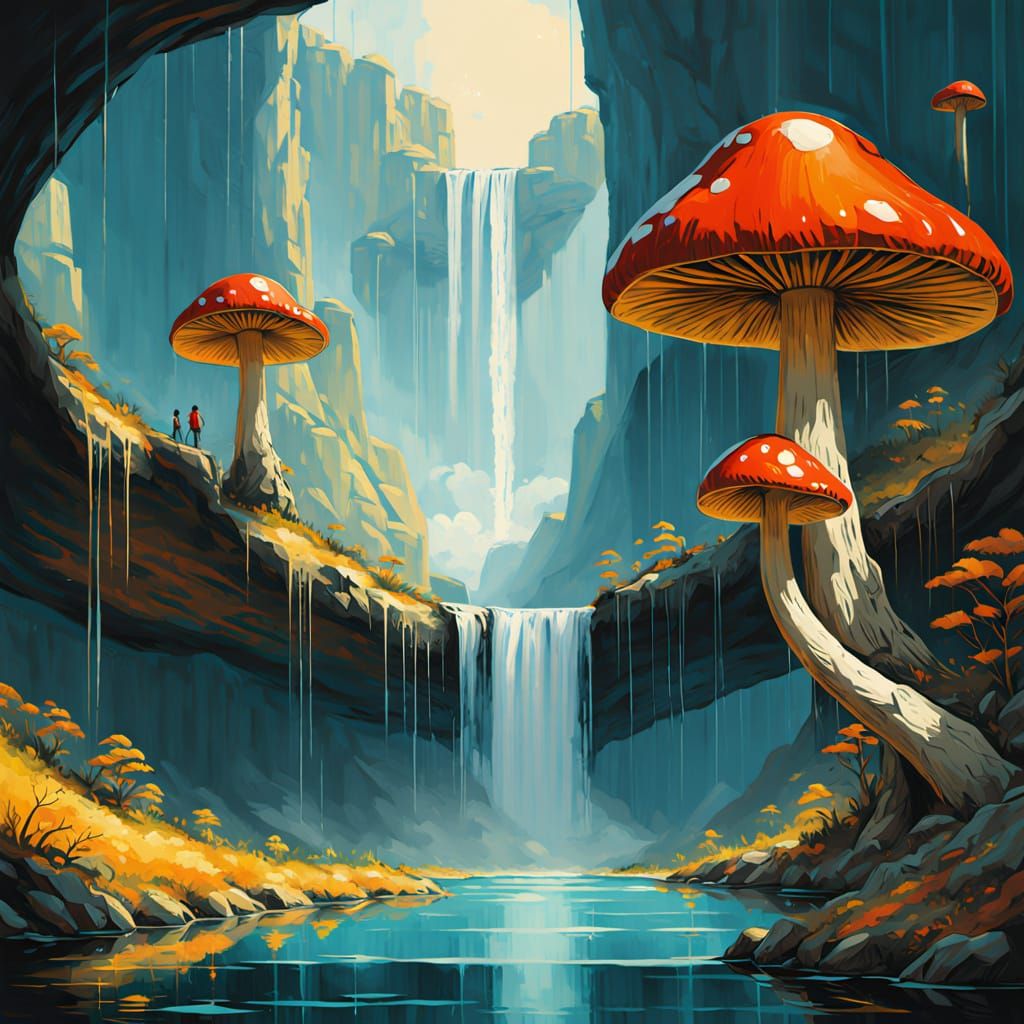 Sci-Fi Mushroom Waterfall in Impressionist Style
