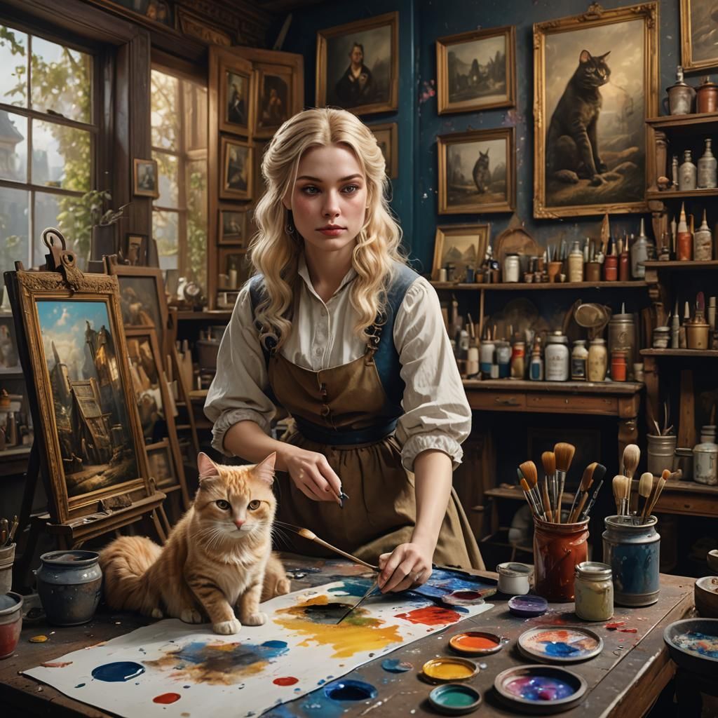 Victorian Girl Painting a Cat: Fantasy Art