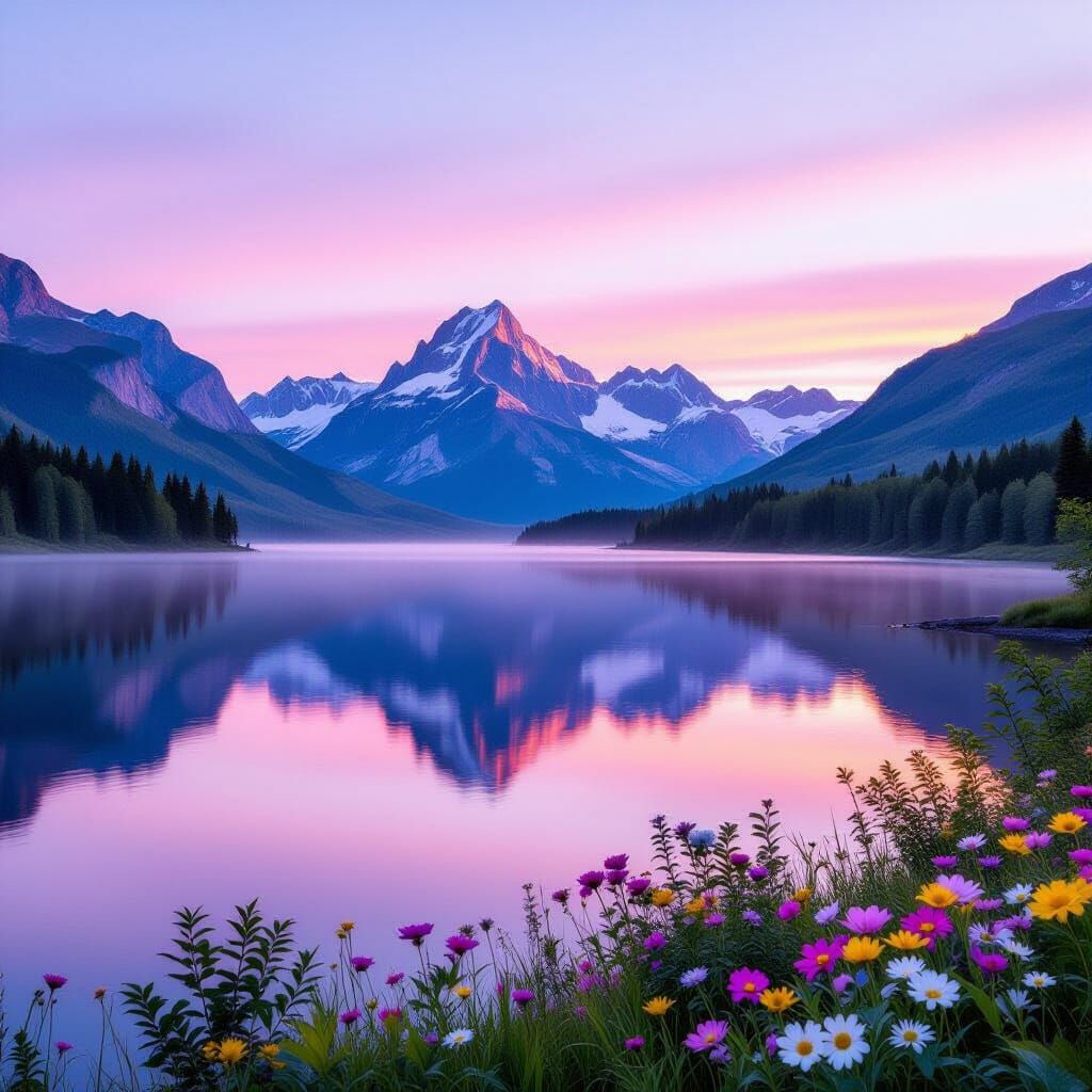 Pastel Lake Reflects Towering Mountains