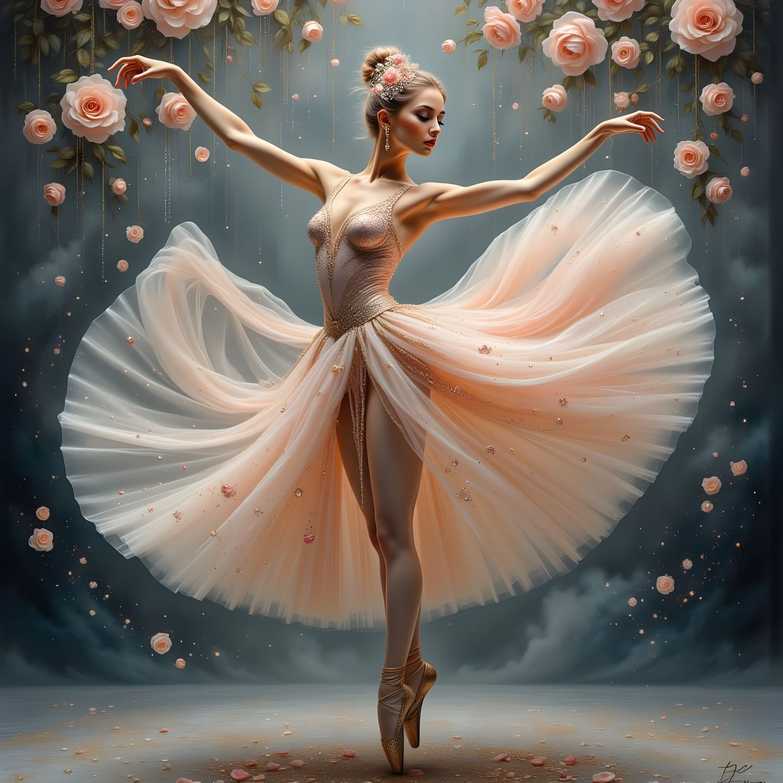 Graceful Ballerina Mid-Leap Amidst Pink Roses