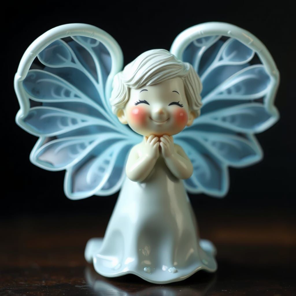 Smiling Angel with Smoky Wings in Blue Hue