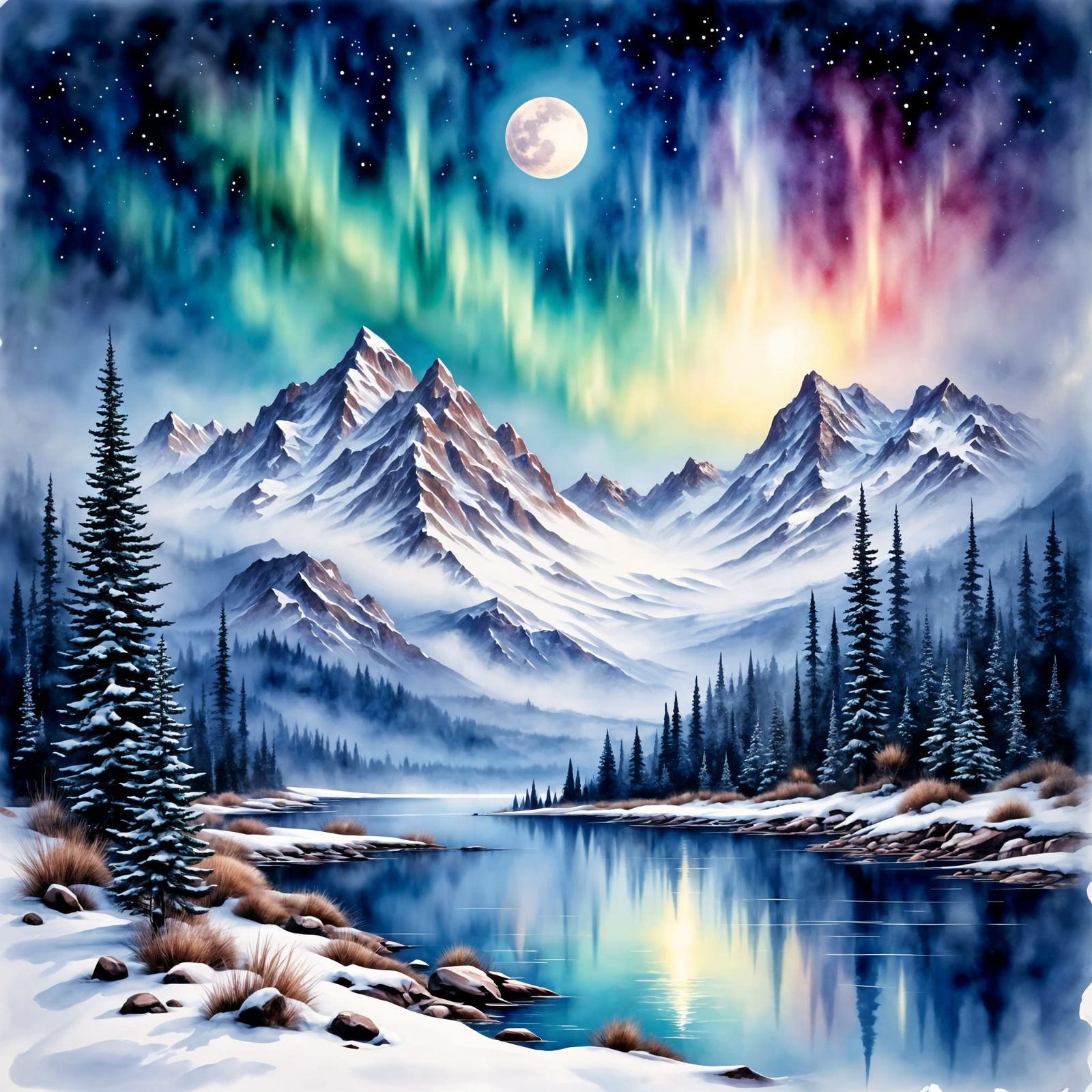 Ethereal Northern Lights Dance Above Snowy Peaks