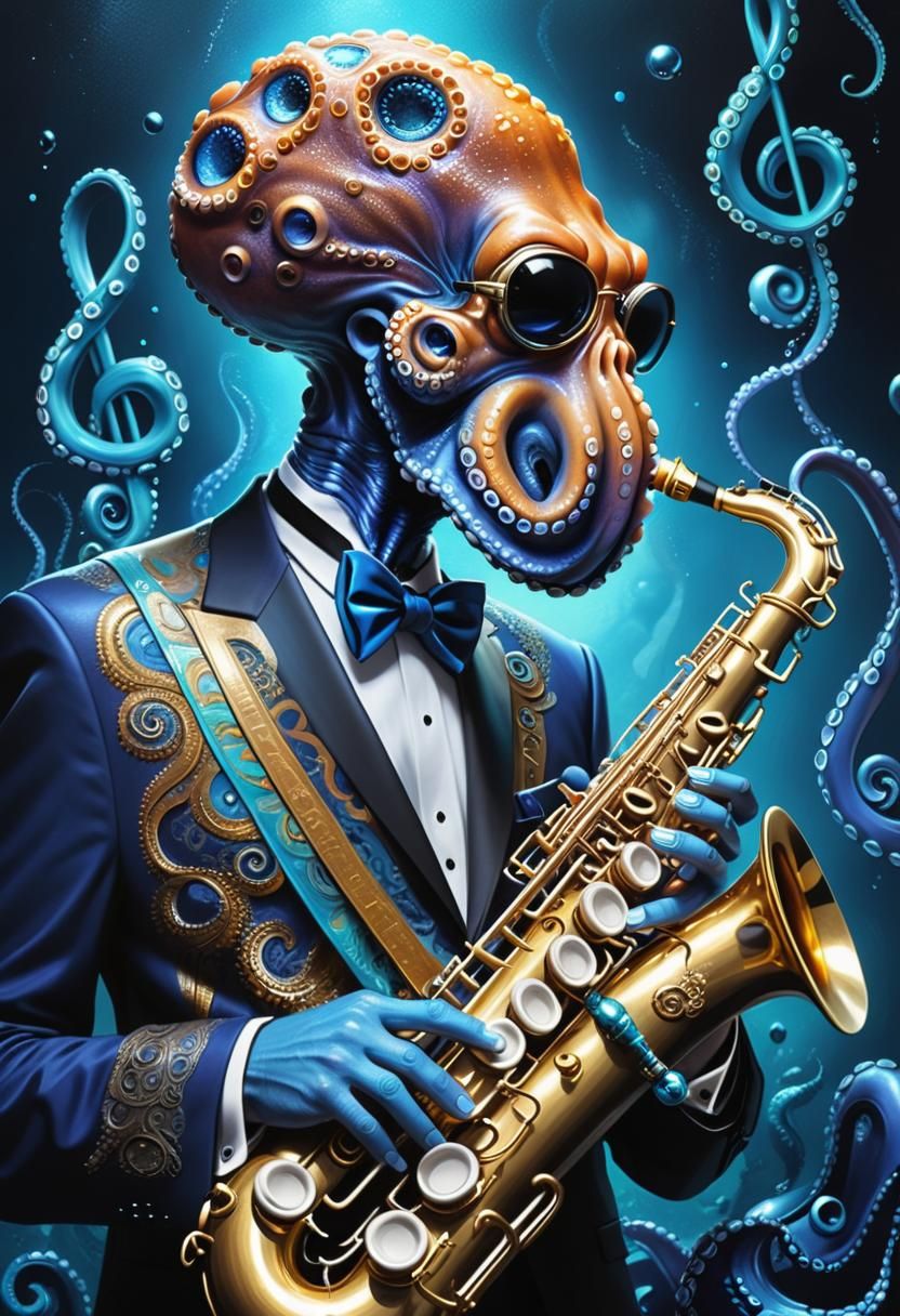 Octopus in Shimmering Silver Saxophone Regalia