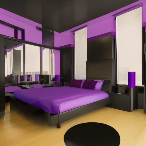 Purple lightning bedroom with Black walls with purple lightning on the walls& black windows with purple lights built-in ...