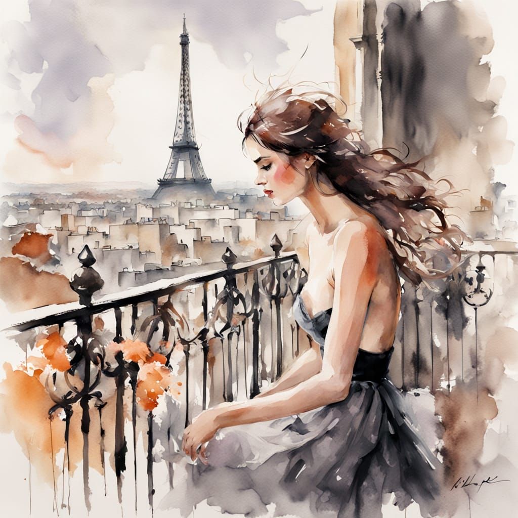 Parisian Woman on Balcony in Watercolor and Oil