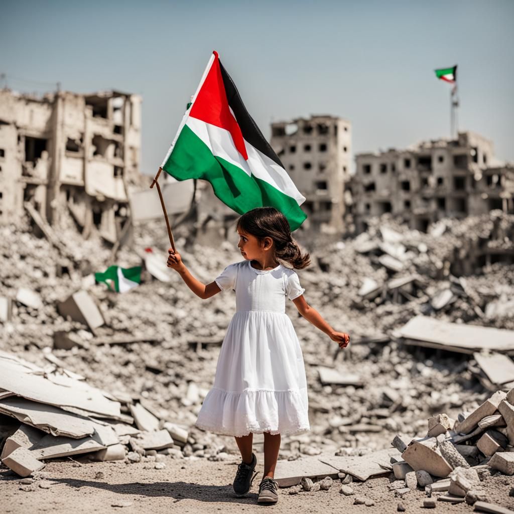 Girl with Palestine Flag in Ruins
