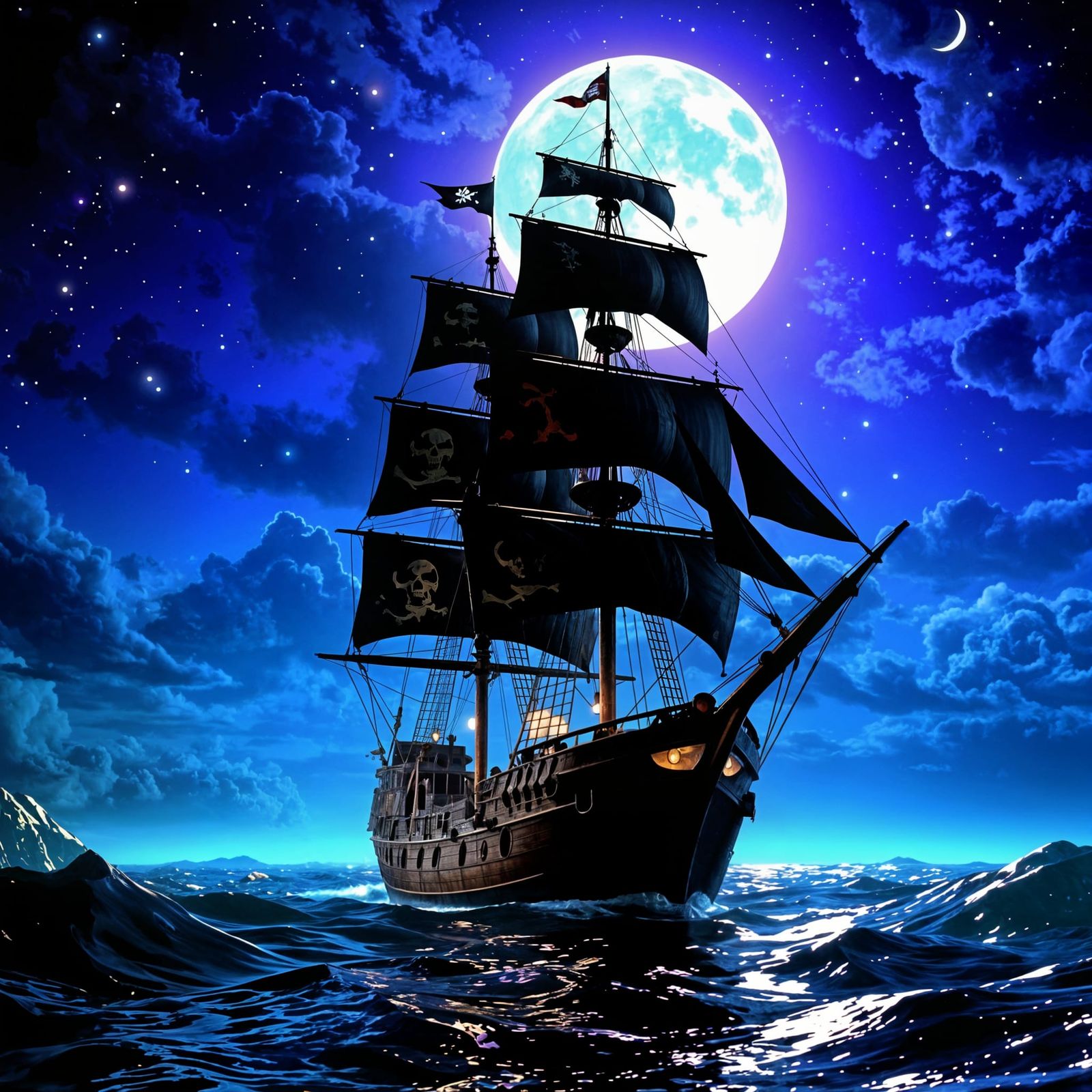 Gothic Pirate Ship on Rough Seas in Purple and Yellow