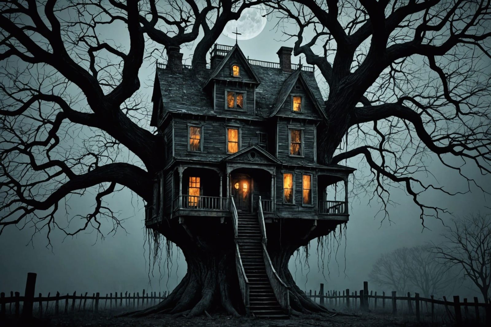 Creepy Treehouse for Horror Movie, Gloomy Night