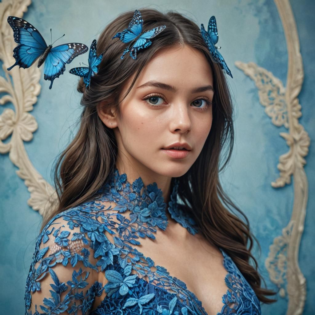 Butterfly Woman in Blue Lace: Hyperrealistic Concept Art