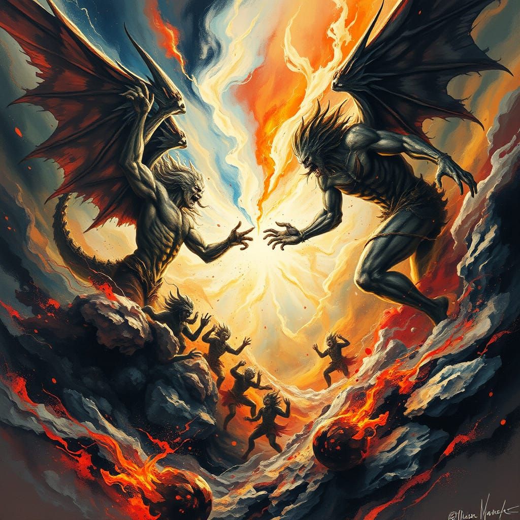 Good and Evil Clash in a Turbulent, Gouache-Inspired Vortex