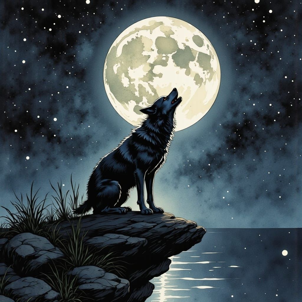 Moonlit Wolf in a Surreal Landscape