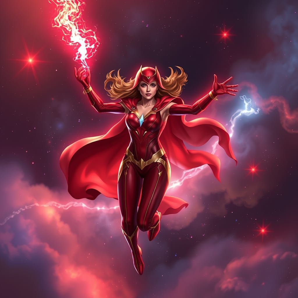 Scarlet Witch Floating Ethereally in Cosmic Space
