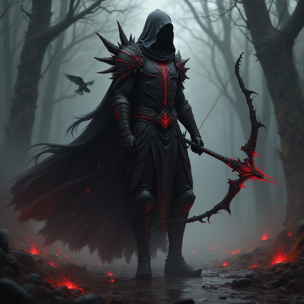 Dark Fantasy Warrior in Black Armor, Red Runes, and Spectral...
