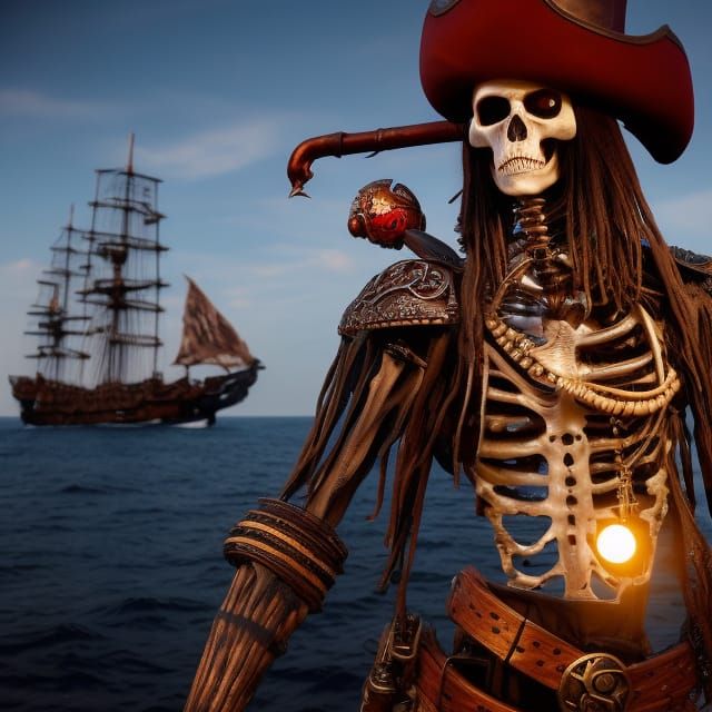 Skeleton Pirate Captain on Ship in Fantasy Style