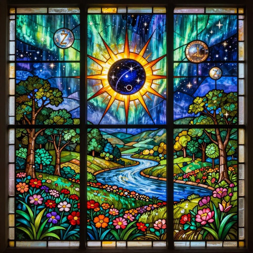 Stained Glass Valley with Eclipsed Sun and Celestial Wonders
