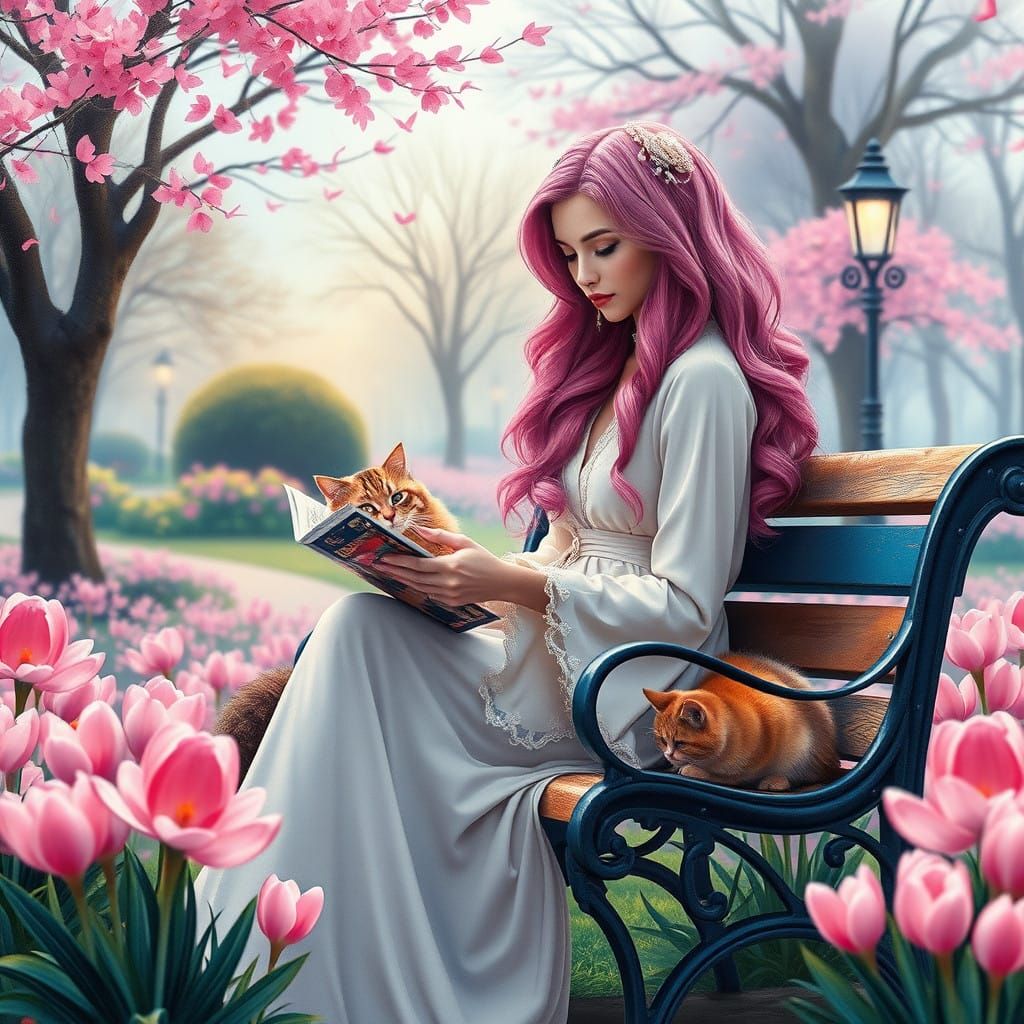 Elegant Woman in Whimsical Park, Pink Hair, Reading Magazine