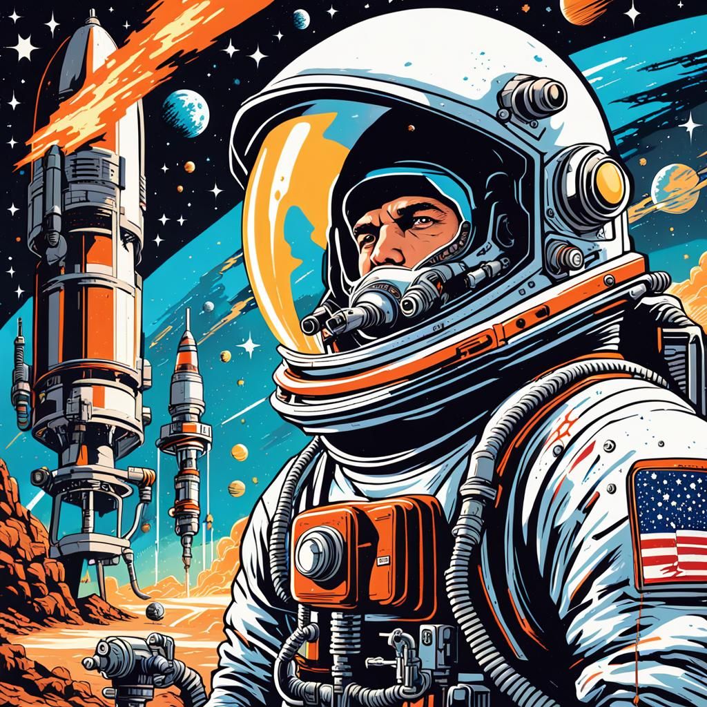 Retro-Futuristic Astronaut Refuels Rocket: Comic Book Art