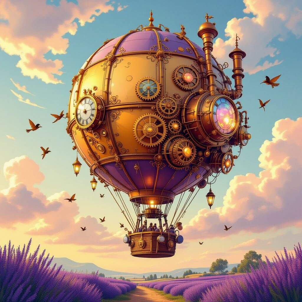 Steampunk Caterpillar Balloon Soaring in Lavender Sky