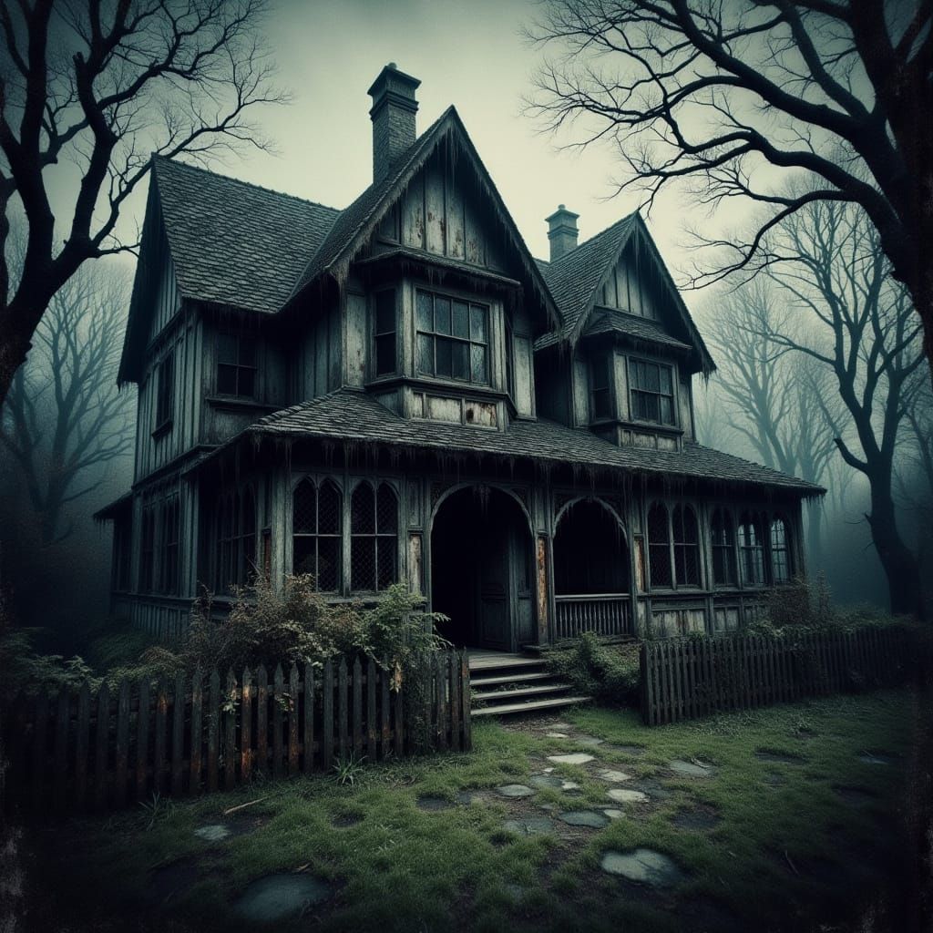 Eerie Tudor House with Overgrown Garden in Watercolor