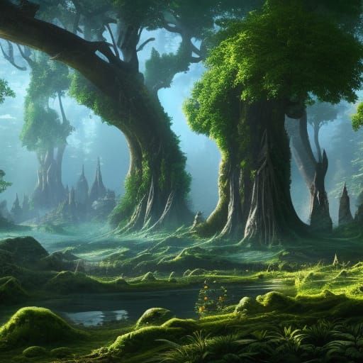 Enchanting Elven City in Bright Forest
