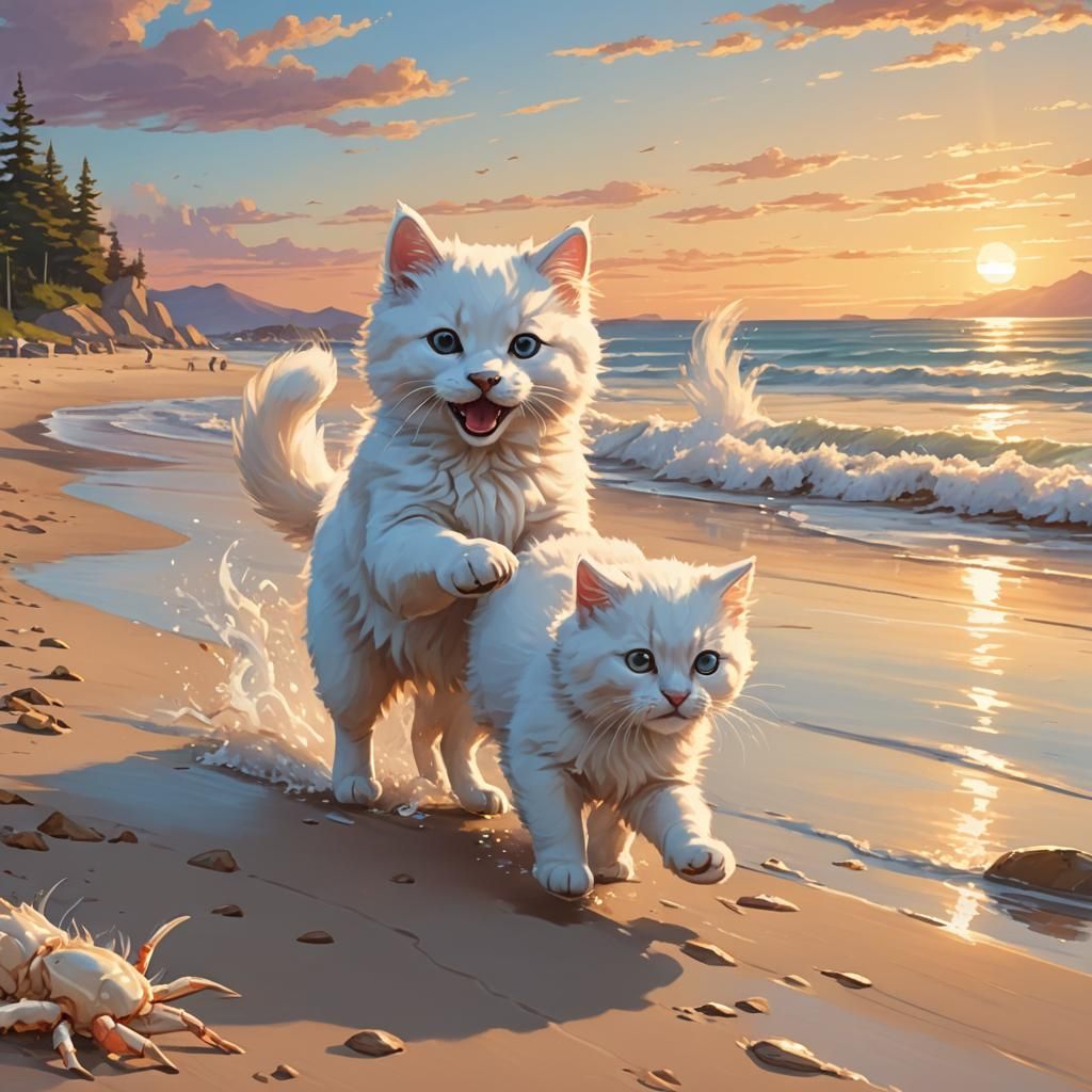 Cartoon Kitten Rides Dog on Beach in Digital Art
