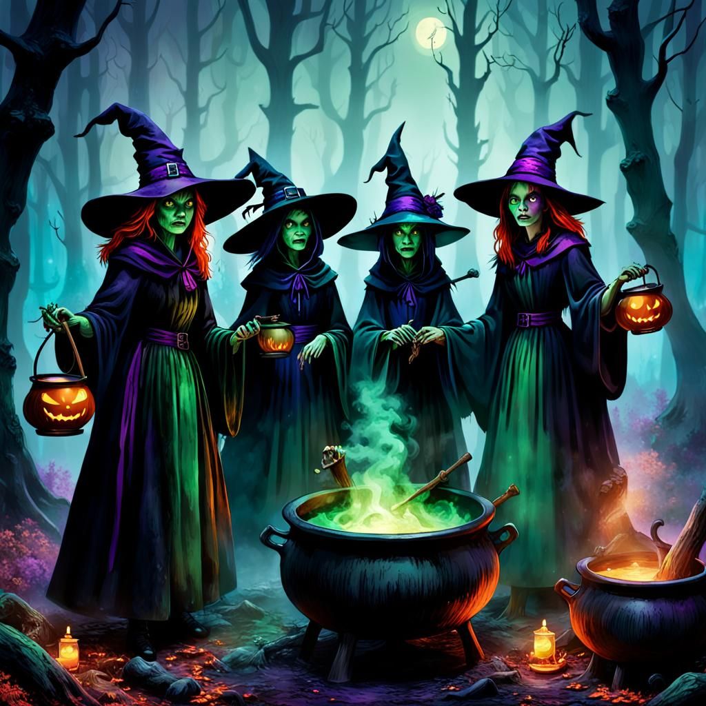 Eerie Witches Brewing Potions in Misty Forest